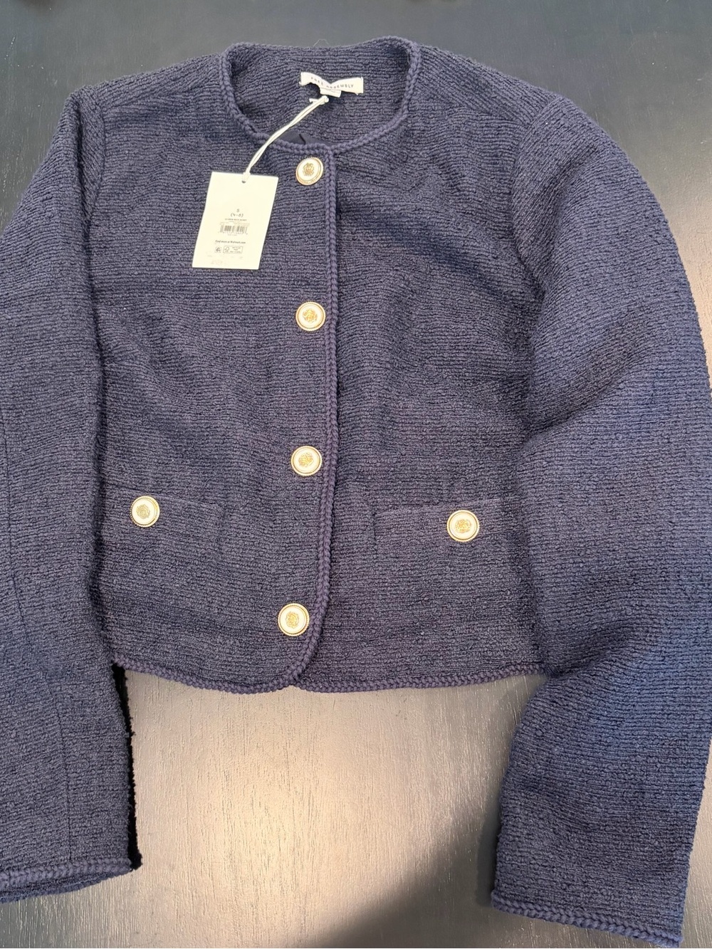 Cropped Navy Bouclé Blazer with Gold Buttons - Women
